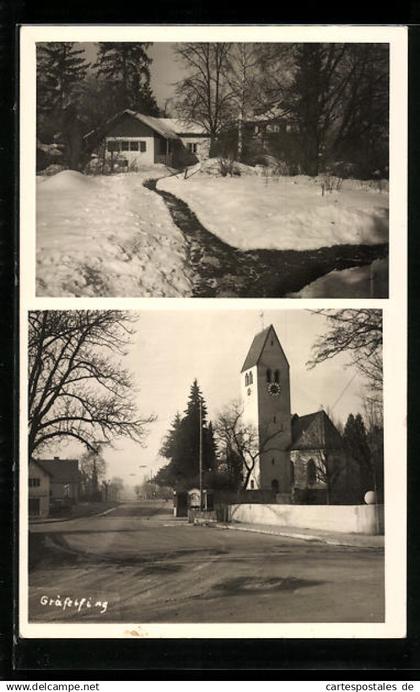 Foto-AK Gräfelfing, Strassenpartie mit Kirche, Ortspartie im Winter