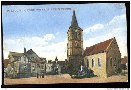 cpa  Allemagne Hassloch Pfalz , Grosse prot. Kirche u. Kriegerdenkmal  APJ2