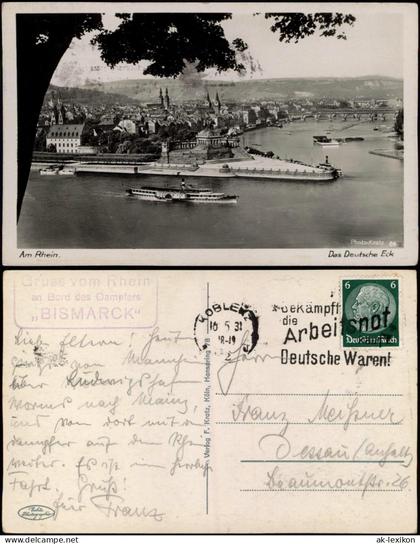 Ansichtskarte Koblenz Deutsches Eck 1938  Bordstempel Dampfer Bismark