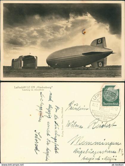 Lindenthal-Leipzig Luftschiff LZ 129 Hindenburg Zeppelin Abendlicht 1939  gel. Stempel L-Flugplatz