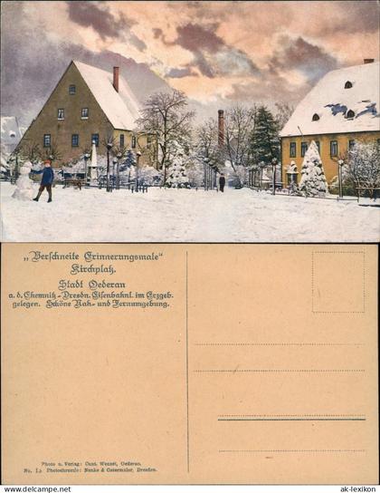 Ansichtskarte Oederan Schneemann bauen am Kirchplatz Winter Photochromie 1912