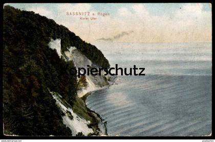 ALTE POSTKARTE OSTSEEBAD SASSNITZ AUF INSEL RÜGEN KIELER UFER RAUCH EINES DAMPFERS Ansichtskarte postcard Strand beach