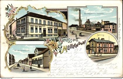 Lithographie Meitzendorf Barleben in Saxe Anhalt, Restaurant Otto Meyer, Zuckerfabrik, Kaserne, Bahnhof