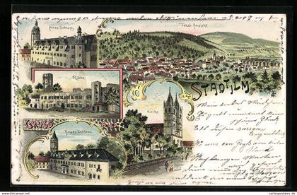 Lithographie Stadtilm, Altes Schloss, Neues Schloss, Ruine, Totalansicht