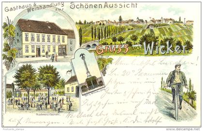 Flörsheim - Wicker, Farb-Litho mit Gasthaus u. Weinhandlung "Zur schönen Aussicht",  1898