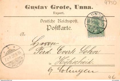 73689950 Unna Korrespondenzkarte Gustav Grote Export Deutsche Reichspost Unna