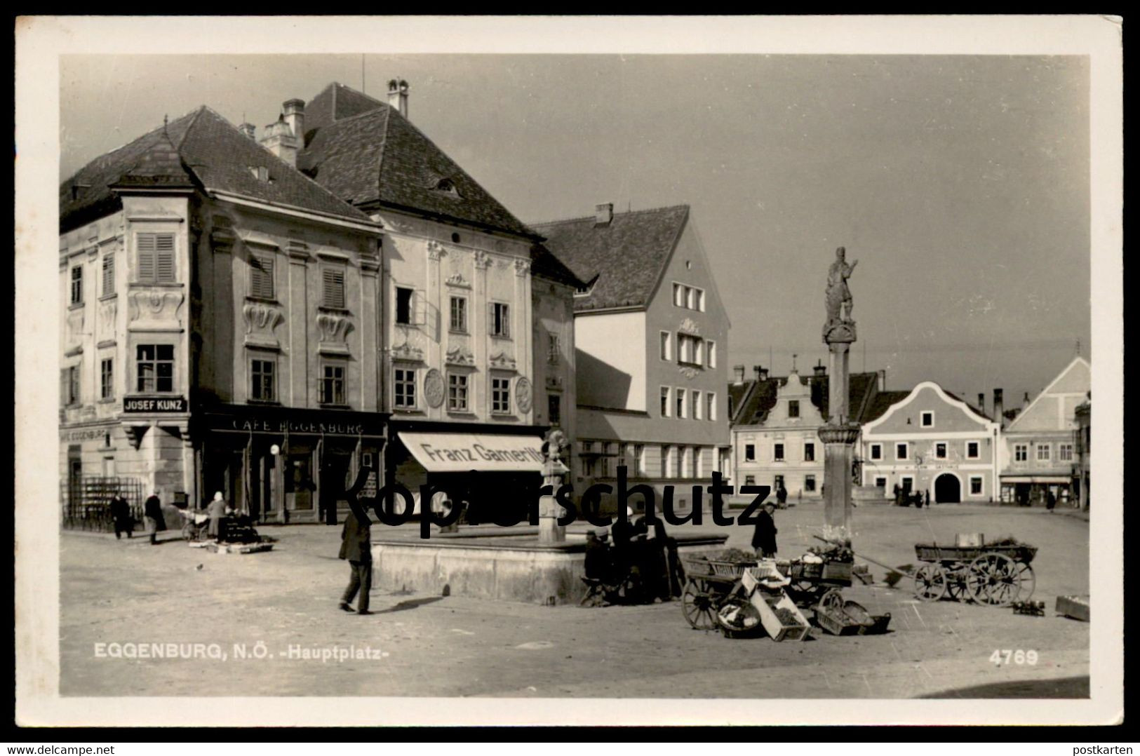 ALTE POSTKARTE EGGENBURG HAUPTPLATZ CAFÉ JOSEF KUNZ FRANZ GAMERITH HÄNDLER Markt Marché Market Niederösterreich Austria