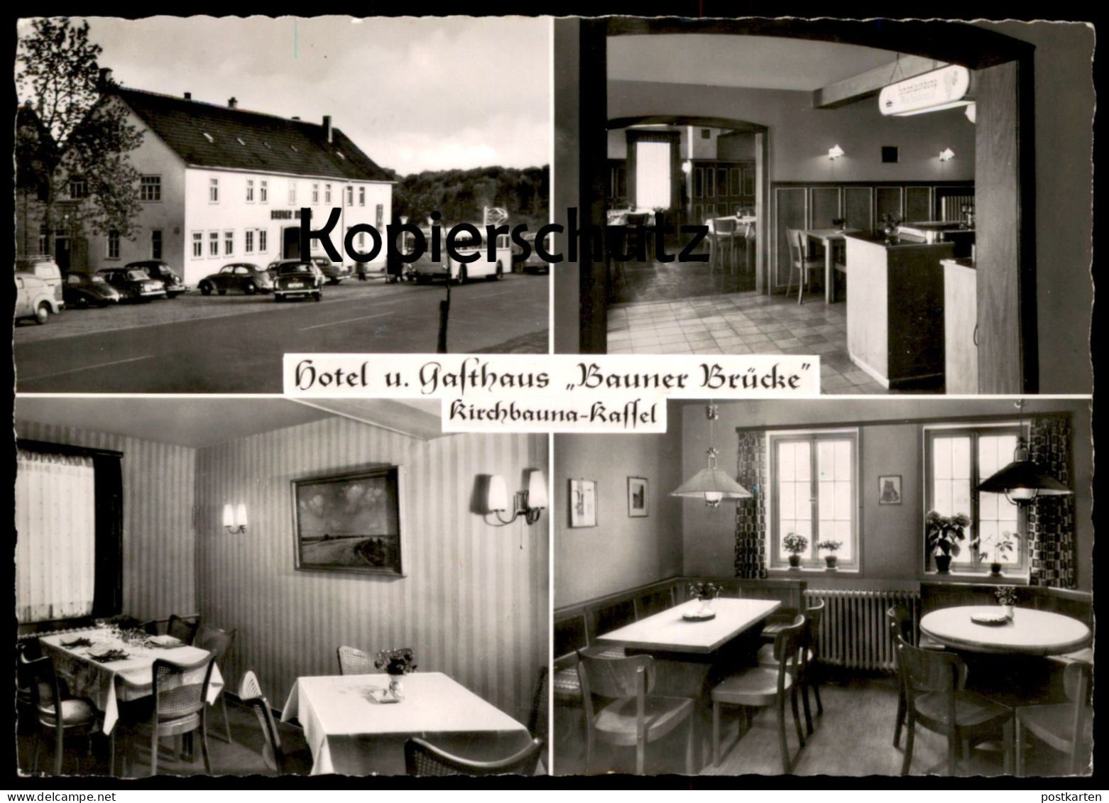 ALTE POSTKARTE HOTEL UND GASTHAUS BAUNER BRÜCKE KIRCHBAUNA KASSEL INH. H. SIEBERT GASOLIN TANKSTELLE BUS BAUNATAL AK cpa