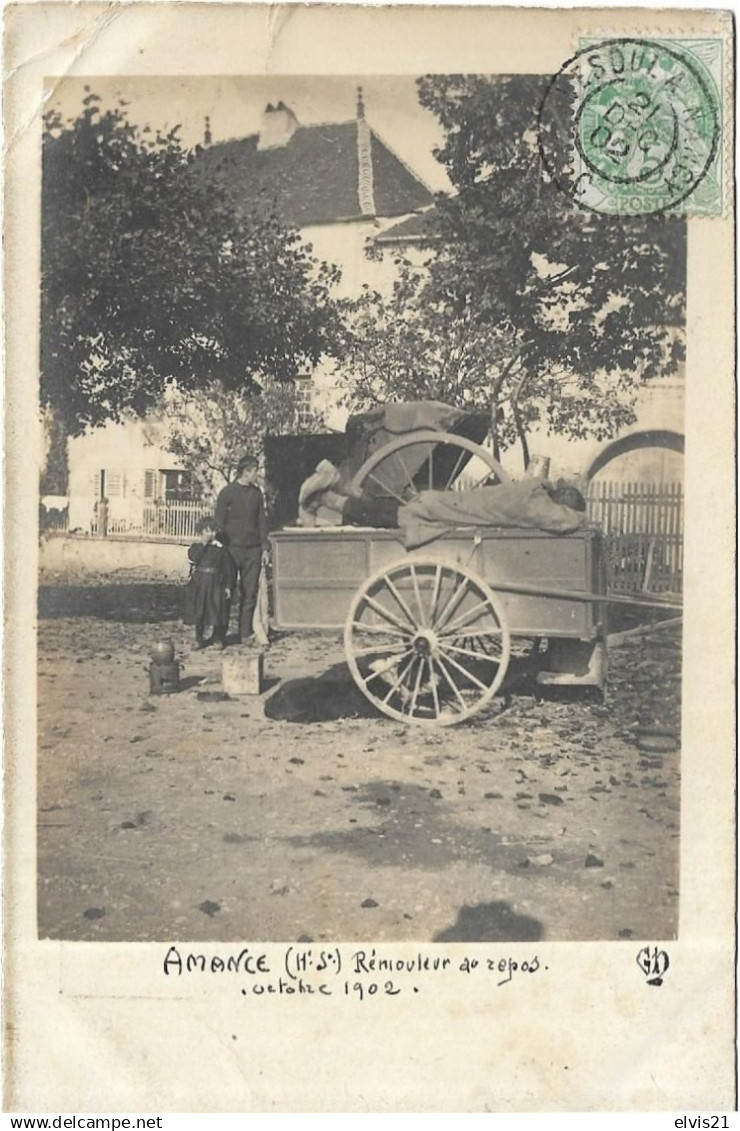 AMANCE Carte photo. Rémouleur au repos en octobre 1902