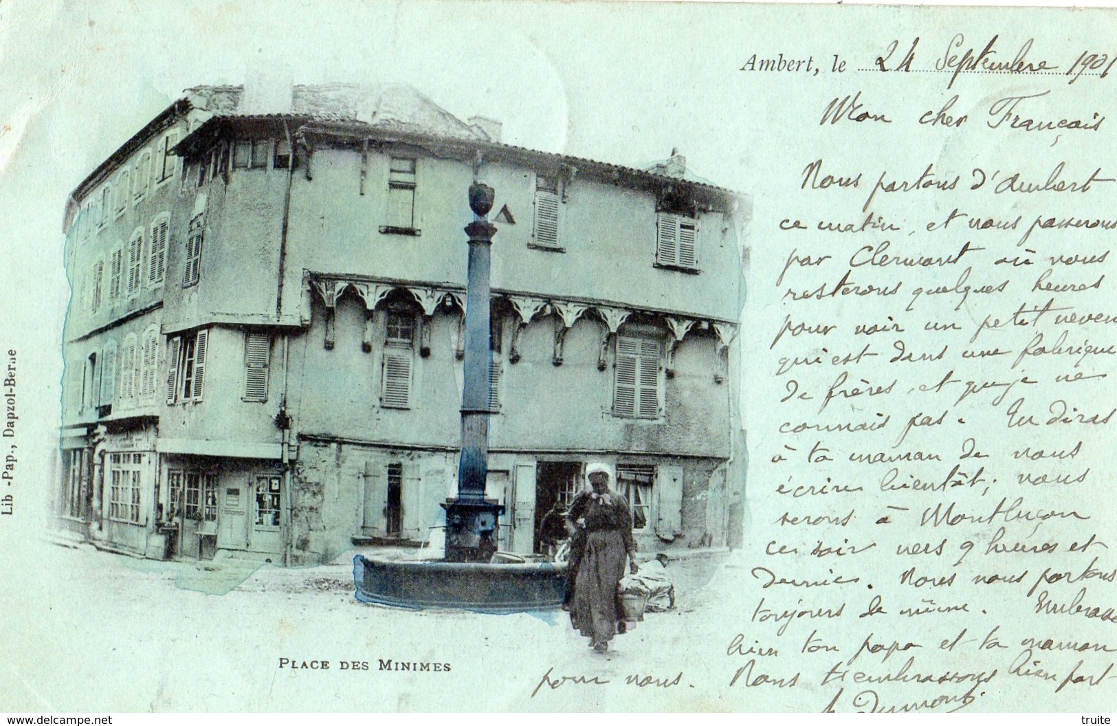 AMBERT PLACE DES MINIMES (CARTE PRECURSEUR ET COLORISEE )