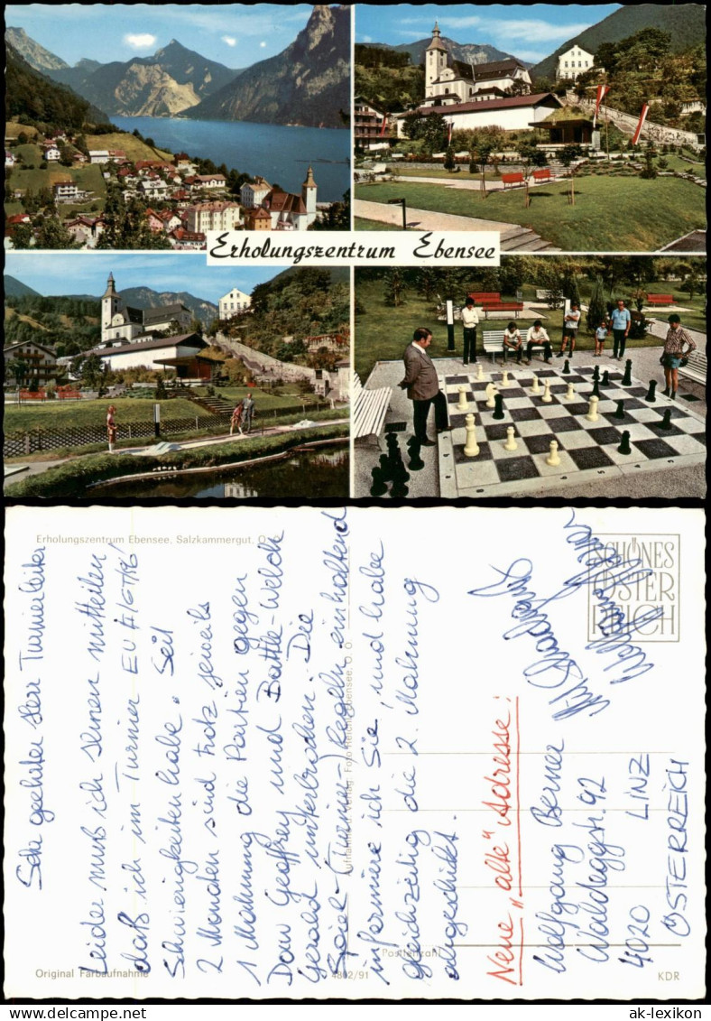 Ansichtskarte Ebensee 4 Bild: Stadtansichten, Großschach Schach Chess 1989