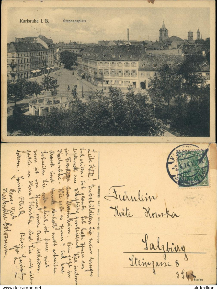 Ansichtskarte Karlsruhe Stephansplatz aus der Vogelschau-Perspektive 1914