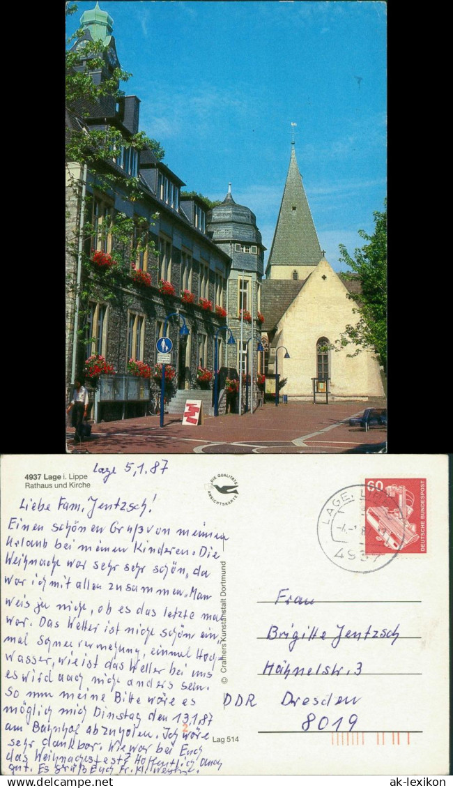 Ansichtskarte Lage (Lippe) Rathaus und Kirche 1987