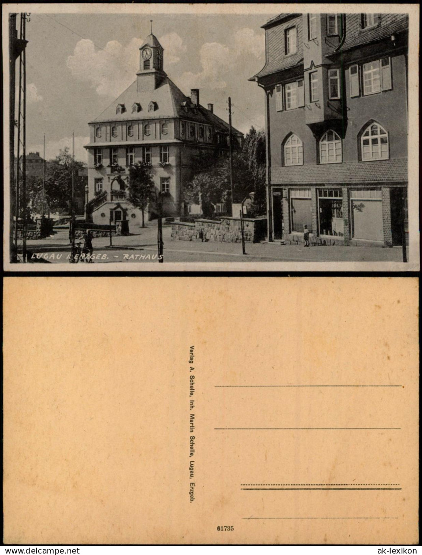 Ansichtskarte Lugau (Erzgebirge) Straßenpartie am Rathaus, Geschäft 1935