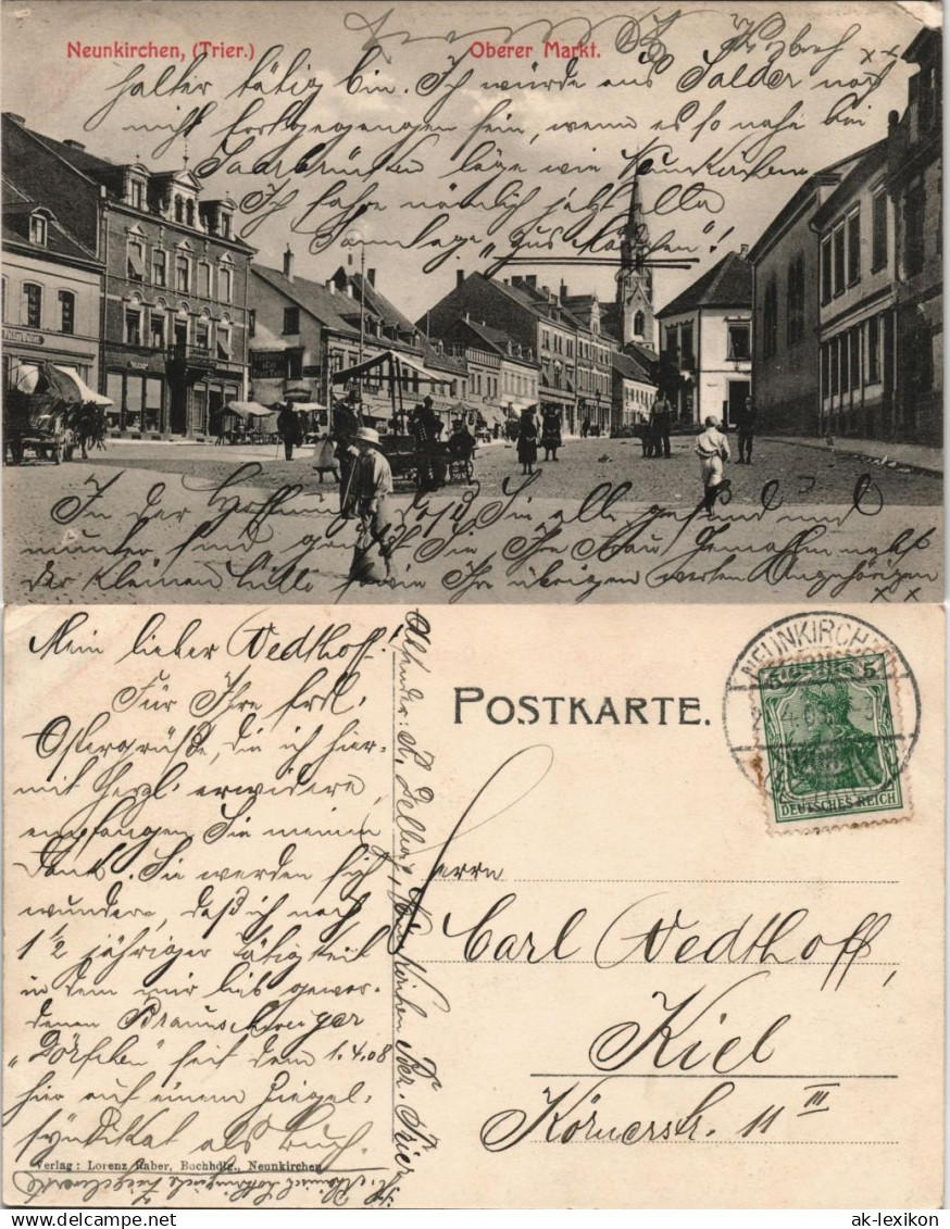 Ansichtskarte Neunkirchen (Saar) Oberer Markt, belebt - Geschäfte 1908