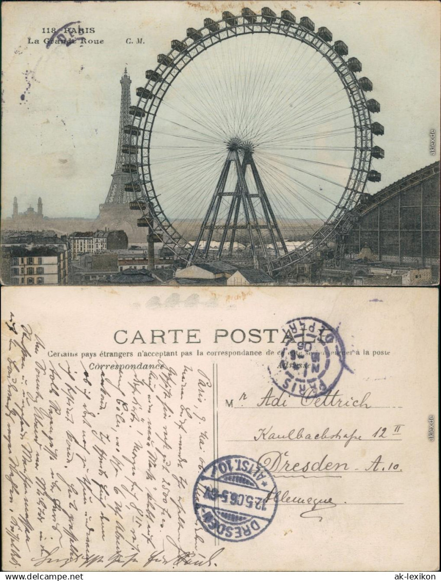 Ansichtskarte Paris Riesenrad, Halle dahinter der Eiffelturm 1906