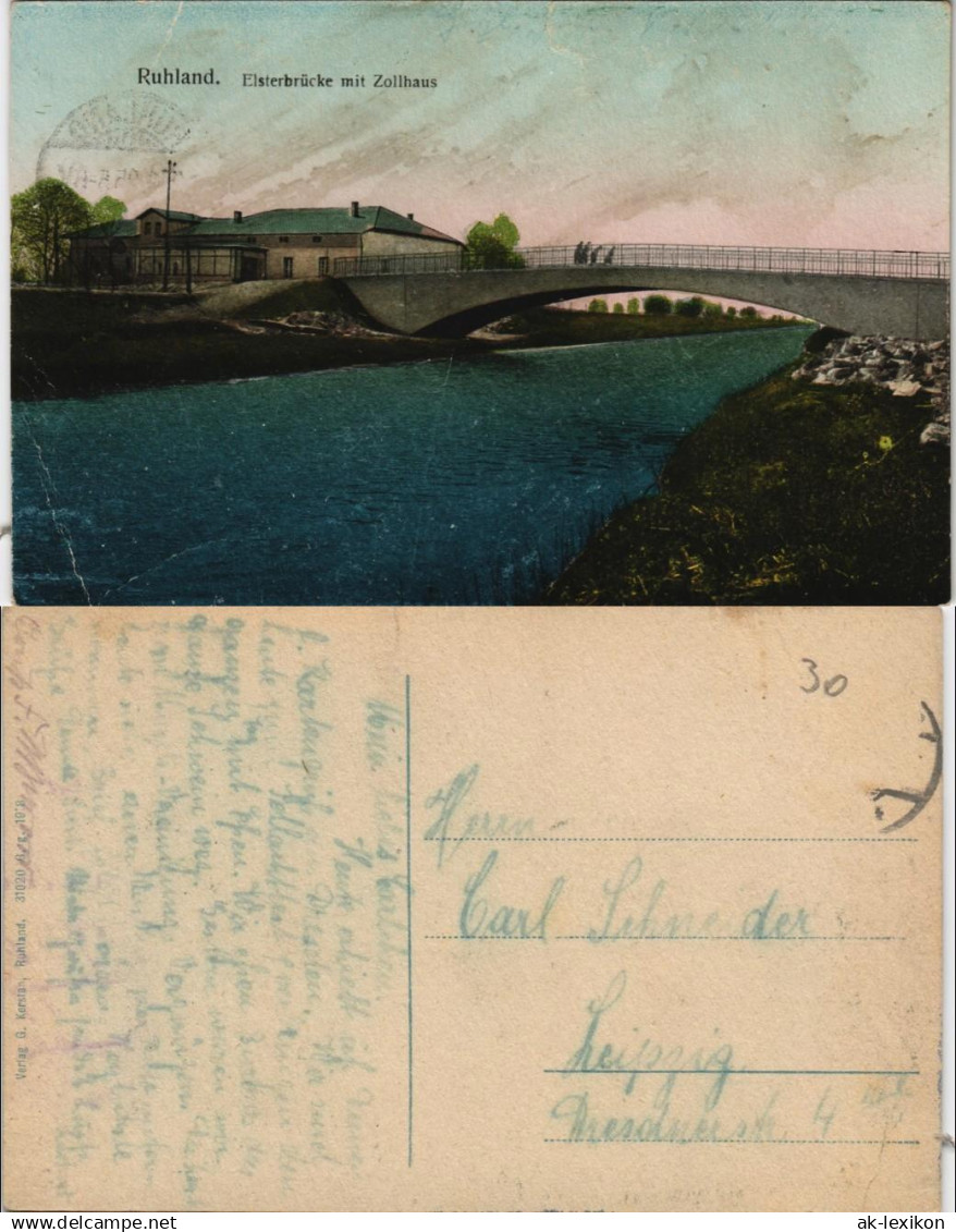 Ansichtskarte Ruhland Rólany Elsterbrücke mit Zollhaus 1920 Luna