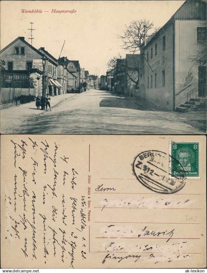 Ansichtskarte Weinböhla Hauptstraße 1928  gel. Bahnpoststempel