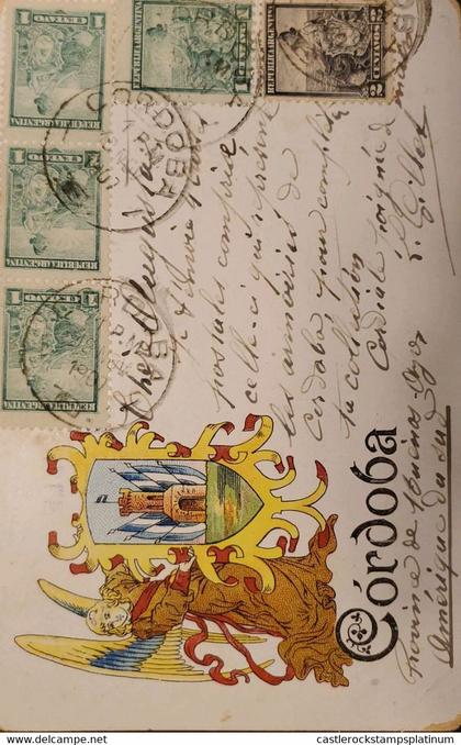 D) 1903, ARGENTINA, POSTCARD CIRCULATED IN CÓRDOBA, FREEDOM WITH SHIELD, XF