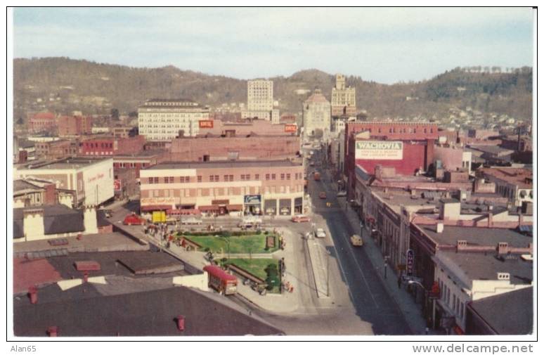 Asheville NC North Carolina Aerial View Downtown, Autos Bus, Pritchard Park, on c1950s Vintage Postcard