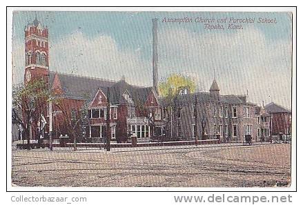 Assumption Church and Parochial School Topeka Kansas vintage original postcard cpa ak (W3_1374)