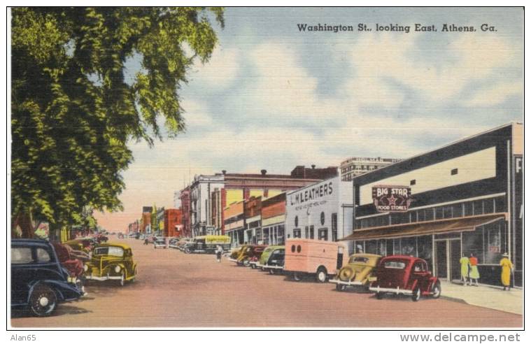 Athens GA Georgia, Washington Street Scene, Autos Business District, c1930s Vintage Linen Postcard