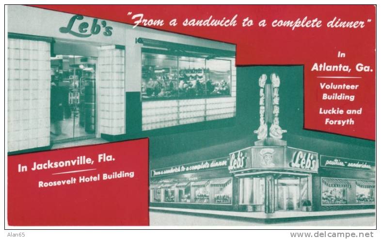 Atlanta GA Georgia, Leb's Restaurant, in Jacksonville FL Florida too, c1930s Vintage Postcard