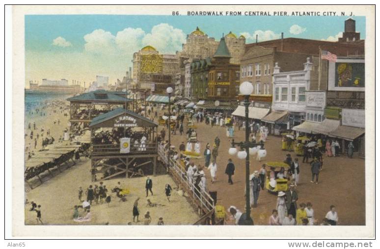 Atlantic City NJ New Jersey, Boardwalk from Central Pier View c1910s/20s Vintage Postcard