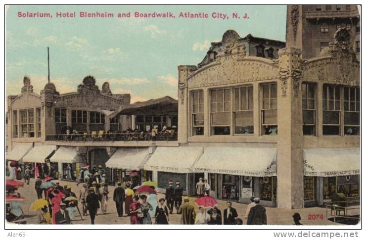 Atlantic City NJ New Jersey, Solarium Hotel Blenheim &amp; Boardwalk, Hawii Sign  c1910s Vintage Postcard