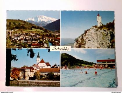 Scheibbs. Österreich. Alte Ansichtskarte / Postkarte farbig, gel. 1977. 4 Ansichten: Scheibbs mit Ötscher, Bla