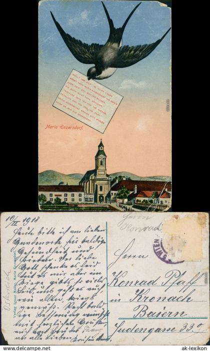 Ansichtskarte Maria - Enzersdorf Schwalbe mit Brief über der Stadt 1914