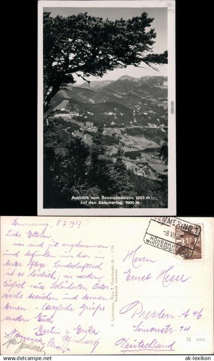 Ansichtskarte Semmering Ausblick vom Sonnwendstein auf den Semmering 1937