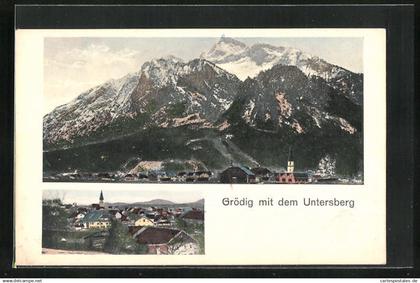 AK Grödig, Ortsansicht mit Untersberg