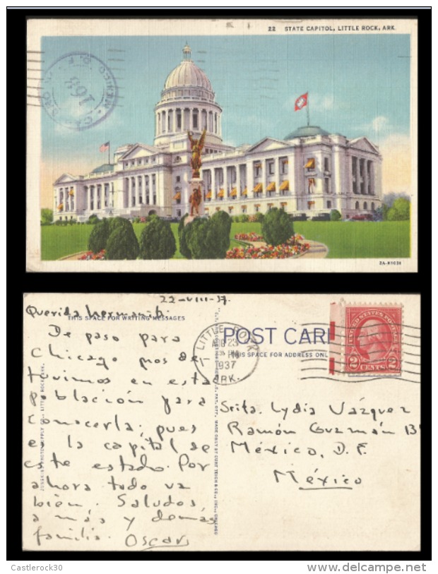 B)1937 USA, ARCHITECTURE, BUILDINGS, TWO CENTS RED WASHINGTON, STATE CAPITOL, LITTLE ROCK, ARK, VINTAGE POSTCARD