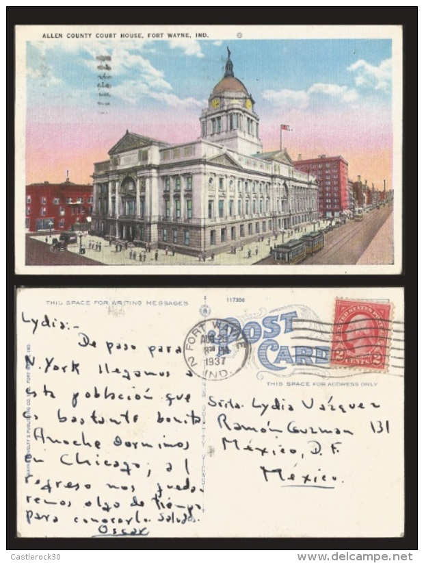 B)1937 USA, TWO CENTS RED WASHINGTON, BUILDING, ARCHITECTURE, ALLEN COUNTRY COURT HOUSE, FORT WAYNE,  POSTCARD