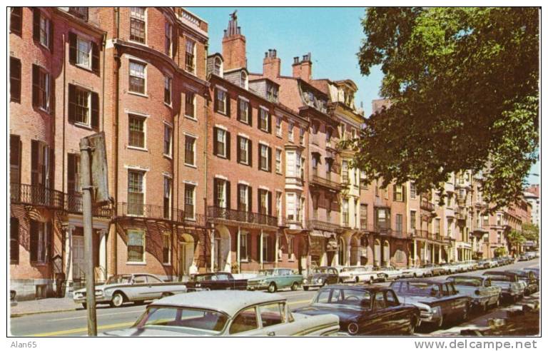 Beacon Street, Back Bay District, Boston MA Massachusetts, 1960s Vintage Postcard, Autos