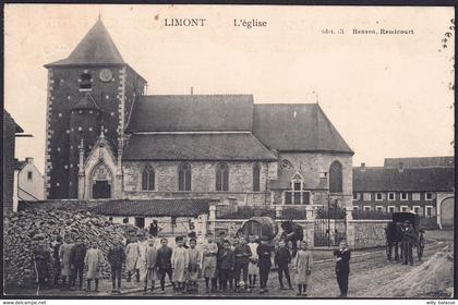 +++ CPA - LIMONT - Donceel - L'Eglise - Animée - Publicité Imprimerie REMICOURT - Timbres colombophiles  //