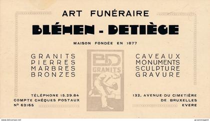 ADRES KAART - ART FUNERAIRE  BLEHEN - DETIEGE    AV.DU CIMETIERE  EVERE 13 X 7.50 CM