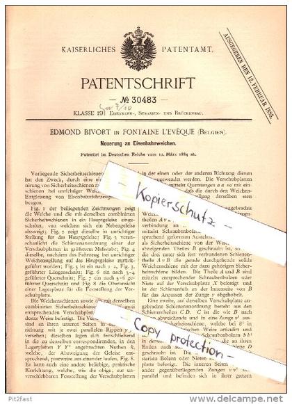 Original Patent - Edmond Bivort in Fontaine-l'Éveque , 1884 , Eisenbahnweiche , Eisenbahn , Weiche !!!