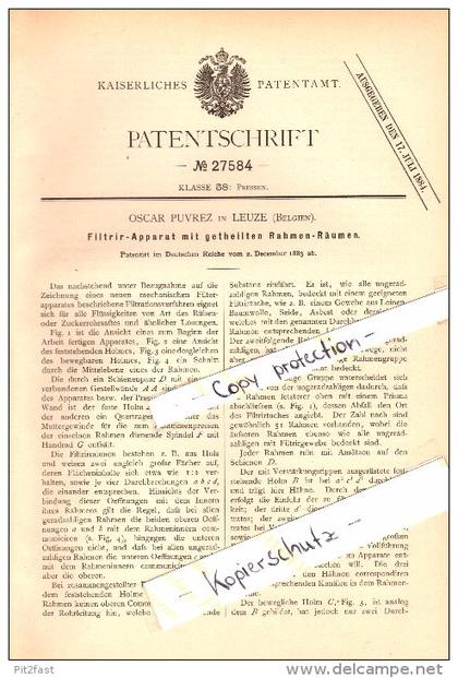 Original Patent - Oscar Puvrez in Leuze-en-Hainaut , 1883 , Filtrier-Apparat !!!