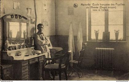 CPA Marneffe Burdinne Wallonia Liège, Französische Schule für Heeresschüler, Friseursalon