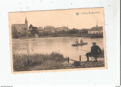 L'ETANG DE BEAUWELZ (MOMIGNIES)  (PECHEUR BARQUE ET EGLISE)