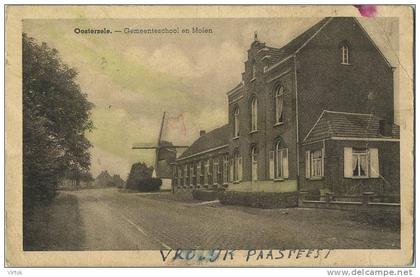 Oosterzele ;  Gemeenteschool  en molen  (  windmolen )  ( geschreven met zegel )