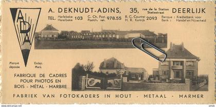 Deerlijk - Publiciteitskaart A. Deknudt-Adins Fabriek van Fotokaders (   15 x 7 cm )