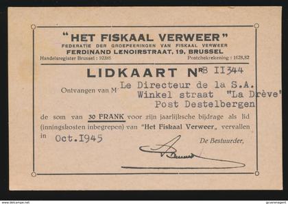 DESTELBERGEN LIDKAART ,, HET FISKAAL VERWEER ,,  1945