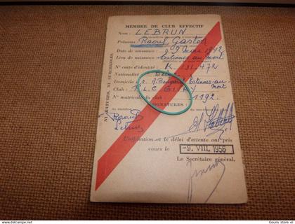 BC27-8   Carte affiliation football  Givry J Masse Croix lez Rouveroy Estinnes 1955