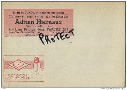 Farciennes : Electricien Adrien Hiernaux : carte reclame  ( Lampe LUXOR fabrication Belge ( 14.5 x 10.5 cm )