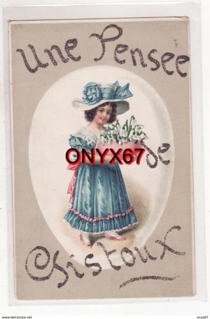 Carte Postale Fantaisie PENSEE de CHAUMONT GISTOUX (Belgique) Jeune Fille-Young Girl Fleur Perce Neige Paillette