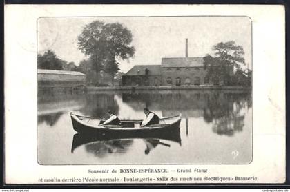 AK Estinnes, Bonne-Espérance, Grand étang et moulin derrière l`école normale, Boulangerie, Salle des machines éle