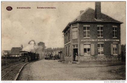 Bikschote 1 CPA    Smisken Tramstatie  Stoomtram  Tram  à Vapeur    Paardestal   Hond kar   1915 Langemark-Poelkapelle